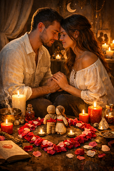 Scène de rituel retour amoureux avec photo montrant bougies allumées, encens et photo d’un couple, utilisée dans une pratique spirituelle pour favoriser la réconciliation, raviver les sentiments et attirer le retour de l’être aimé.